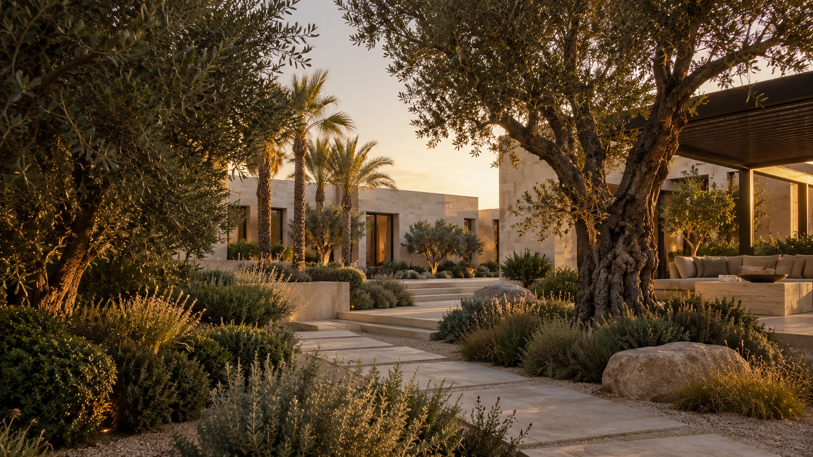 Illustrative Dubai garden design with olive trees, limestone paths and shaded seating