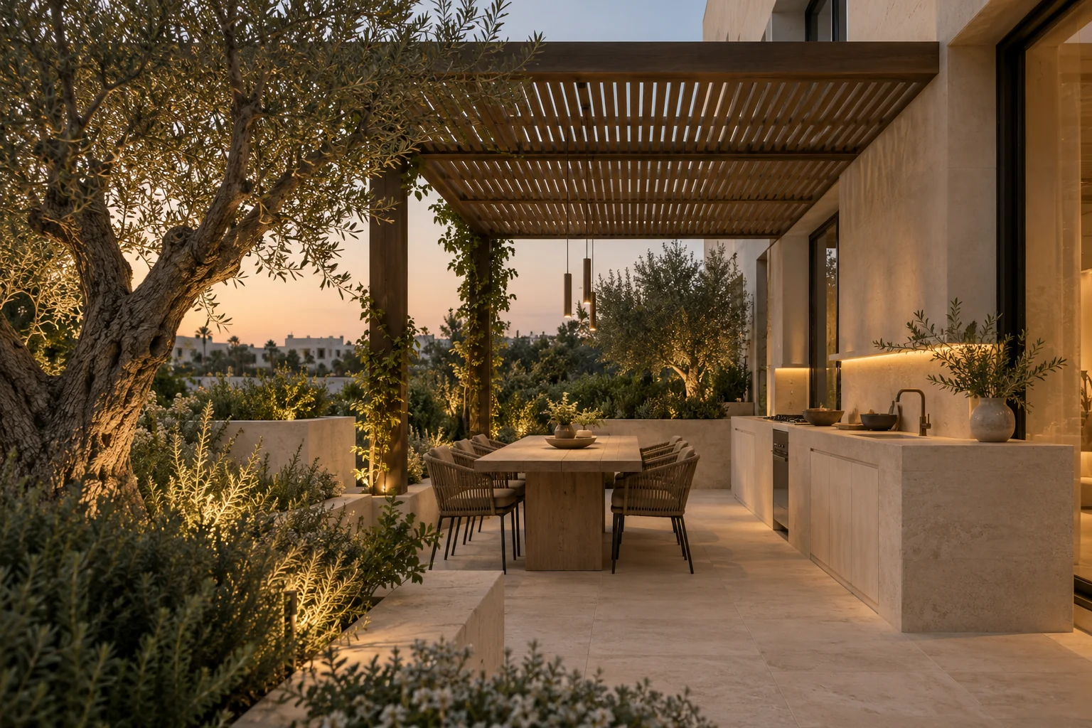 Illustrative design for a timber pergola and outdoor dining terrace